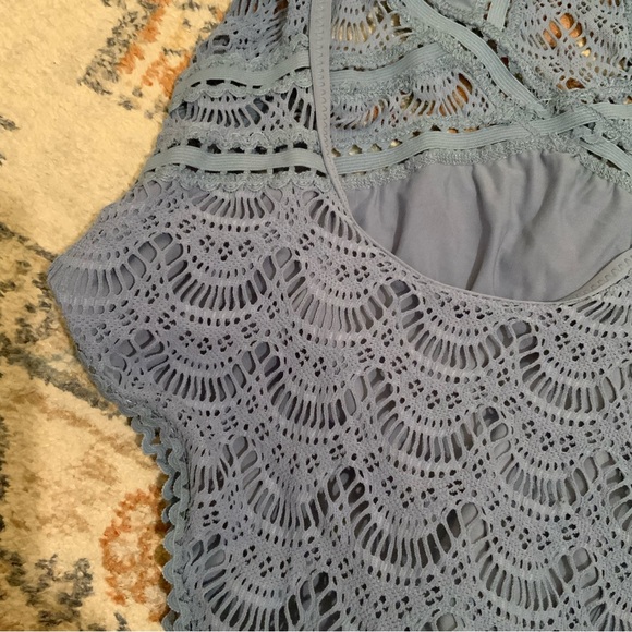 Becca by Rebecca Virtue periwinkle blue crochet halter tie one piece swimsuit π©΅ - Picture 7 of 16